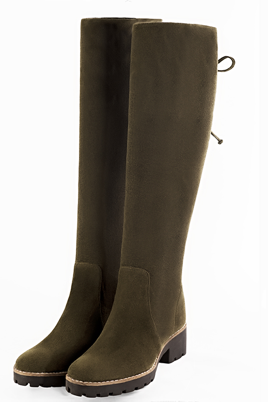 Khaki green women's knee-high boots, with laces at the back. Round toe. Low rubber soles. Made to measure. Front view - Florence KOOIJMAN